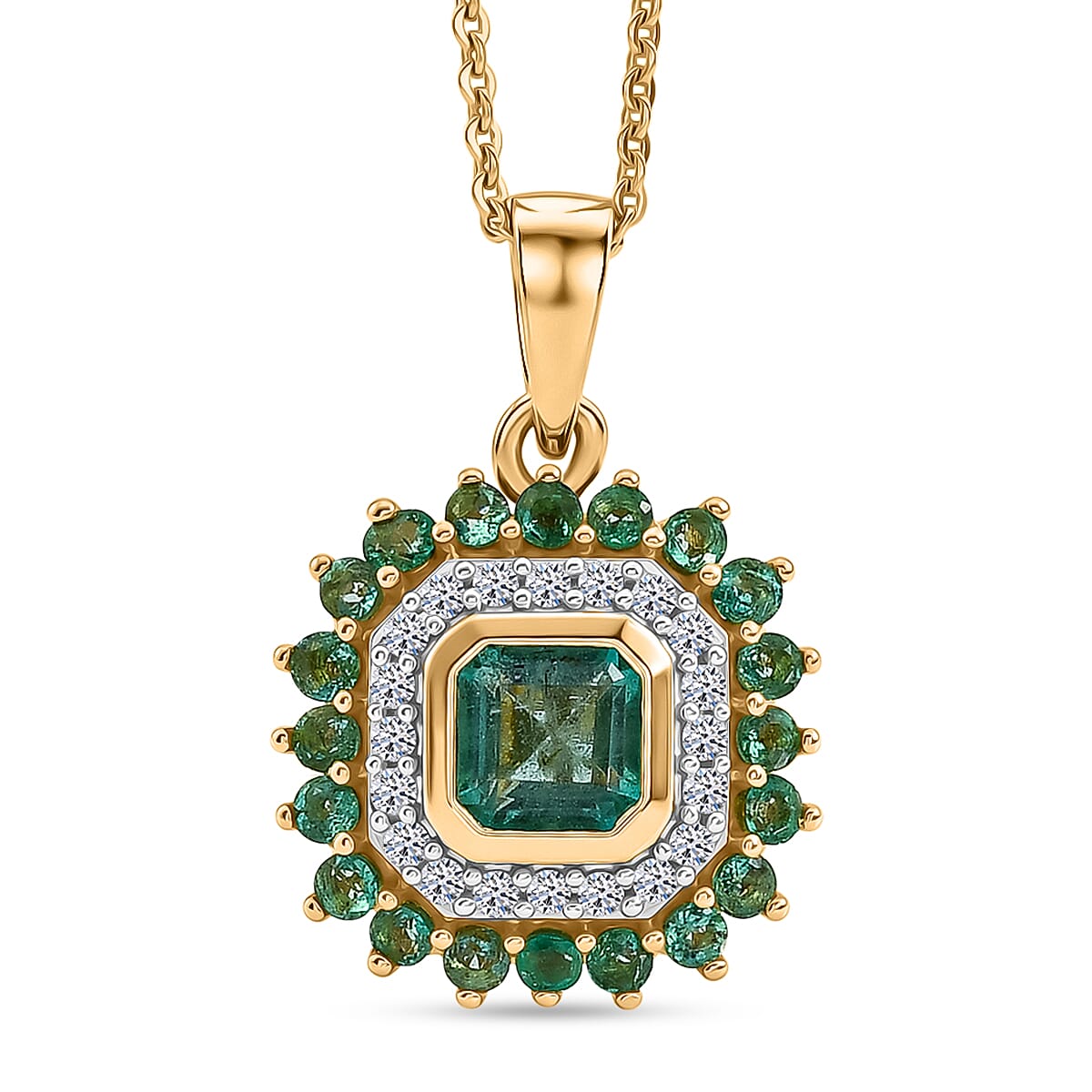 Luxuriant - AAA Gemfields Zambian Emerald & Lab Grown Diamond (SI-G-H) Cluster Halo Pendant with Chain (Size 20) in 18K Vermeil Yellow Gold Plated Sterling Silver 1.30 Ct.