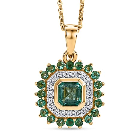 Luxuriant - AAA Gemfields Zambian Emerald & Lab Grown Diamond (SI-G-H) Cluster Halo Pendant with Chain (Size 20) in 18K Vermeil Yellow Gold Plated Sterling Silver 1.30 Ct.