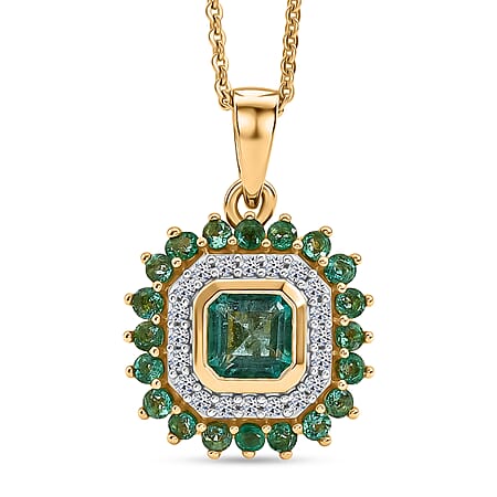 Luxuriant - AAA Gemfields Zambian Emerald & Lab Grown Diamond (SI-G-H) Cluster Halo Pendant with Chain (Size 20) in 18K Vermeil Yellow Gold Plated Sterling Silver 1.30 Ct. Luxuriant - AAA Gemfields Zambian Emerald & Lab Grown Diamond (SI-G-H) Cluster Halo Pendant with Chain (Size 20) in 18K Vermeil Yellow Gold Plated Sterling Silver 1.30 Ct.