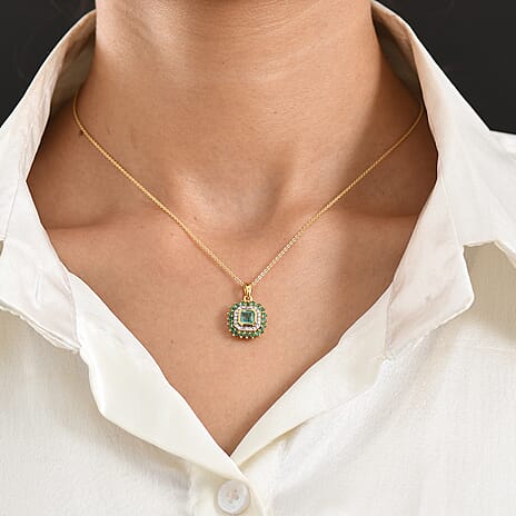 Luxuriant - AAA Gemfields Zambian Emerald & Lab Grown Diamond (SI-G-H) Cluster Halo Pendant with Chain (Size 20) in 18K Vermeil Yellow Gold Plated Sterling Silver 1.30 Ct.