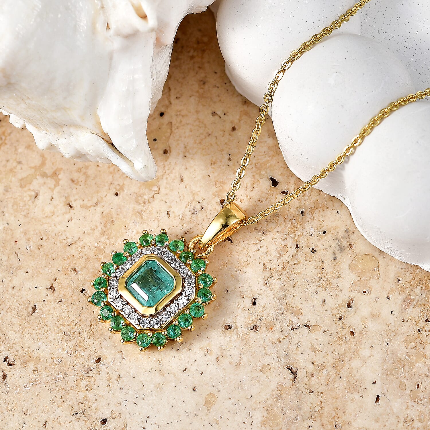 Luxuriant - AAA Gemfields Zambian Emerald & Lab Grown Diamond (SI-G-H) Cluster Halo Pendant with Chain (Size 20) in 18K Vermeil Yellow Gold Plated Sterling Silver 1.30 Ct.
