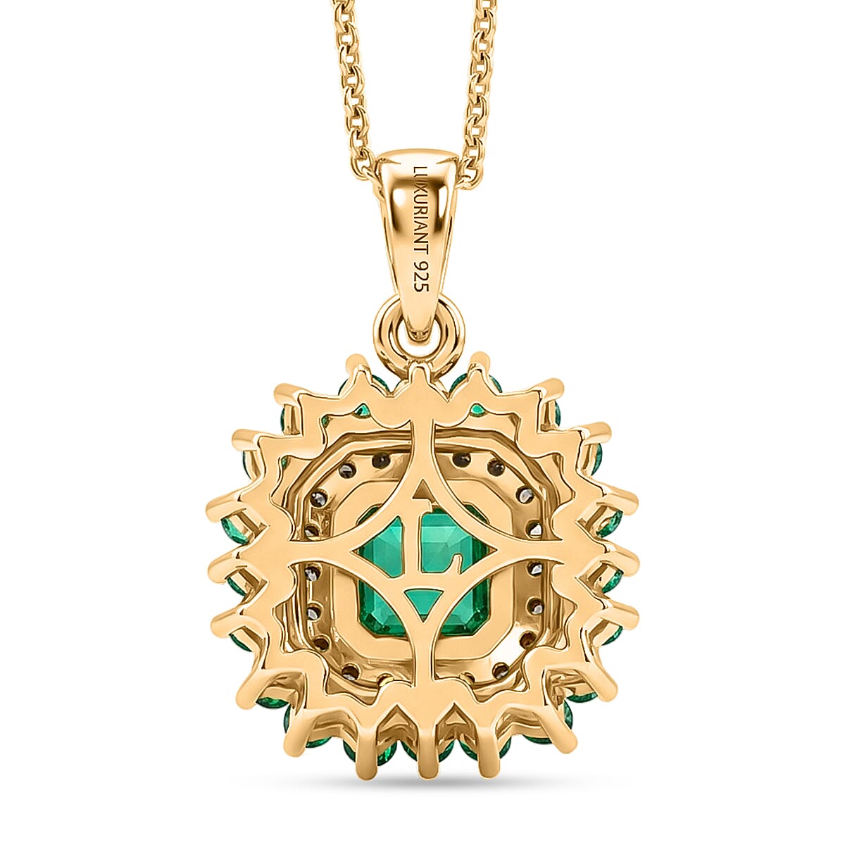 Luxuriant - AAA Gemfields Zambian Emerald & Lab Grown Diamond (SI-G-H) Cluster Halo Pendant with Chain (Size 20) in 18K Vermeil Yellow Gold Plated Sterling Silver 1.30 Ct.