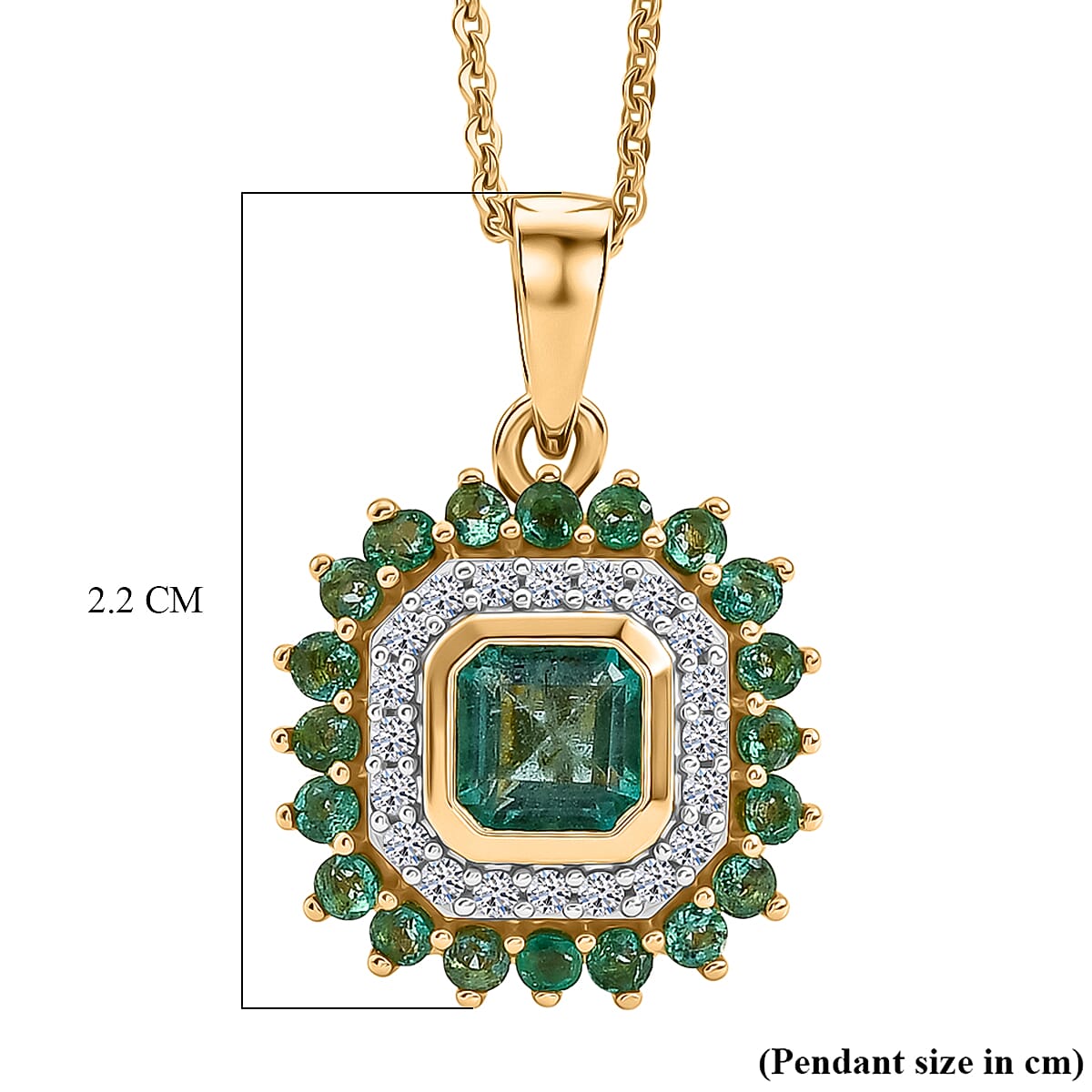 Luxuriant - AAA Gemfields Zambian Emerald & Lab Grown Diamond (SI-G-H) Cluster Halo Pendant with Chain (Size 20) in 18K Vermeil Yellow Gold Plated Sterling Silver 1.30 Ct.