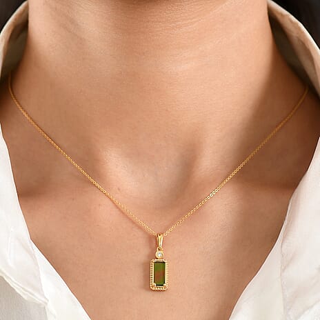 Luxuriant - Ammolite & Lab Grown Diamond (SI-G-H) Pendant with Chain (Size 20) in 18K Vermeil Yellow Gold Plated Sterling Silver 1.20 Ct.