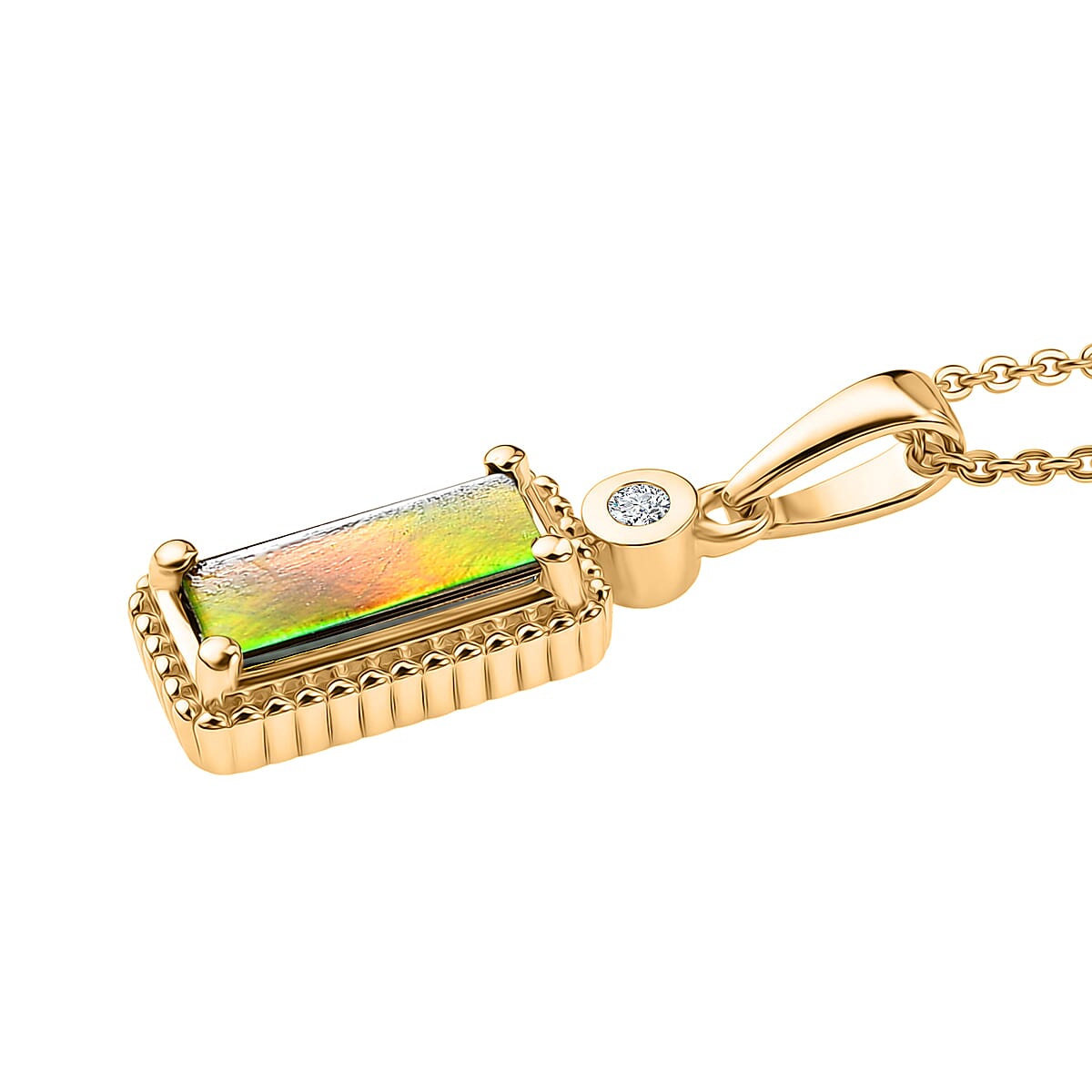 Luxuriant - Ammolite & Lab Grown Diamond (SI-G-H) Pendant with Chain (Size 20) in 18K Vermeil Yellow Gold Plated Sterling Silver 1.20 Ct.