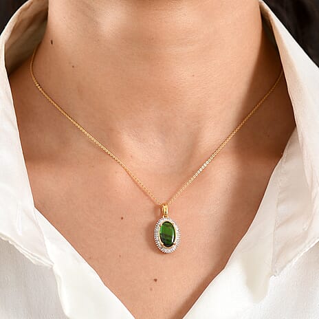 D'Joy - Ammolite & Natural White Diamond Pendant with Chain (Size 20) in 18K Vermeil Yellow Gold Plated Sterling Silver 2.56 Ct.