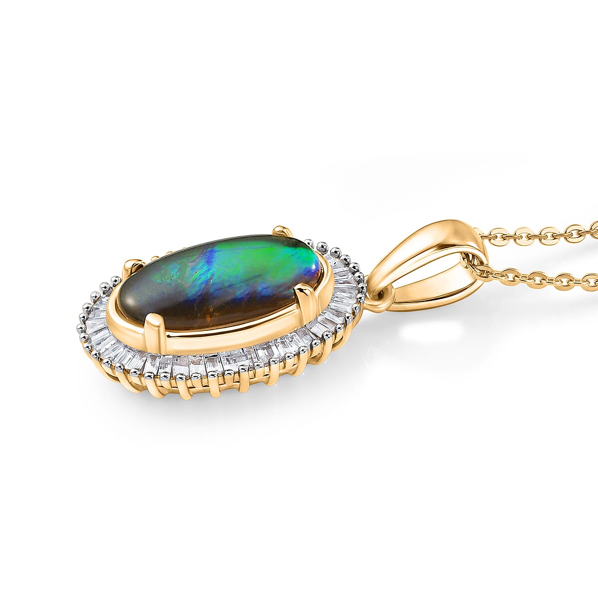 D'Joy - Ammolite & Natural White Diamond Pendant with Chain (Size 20) in 18K Vermeil Yellow Gold Plated Sterling Silver 2.56 Ct.