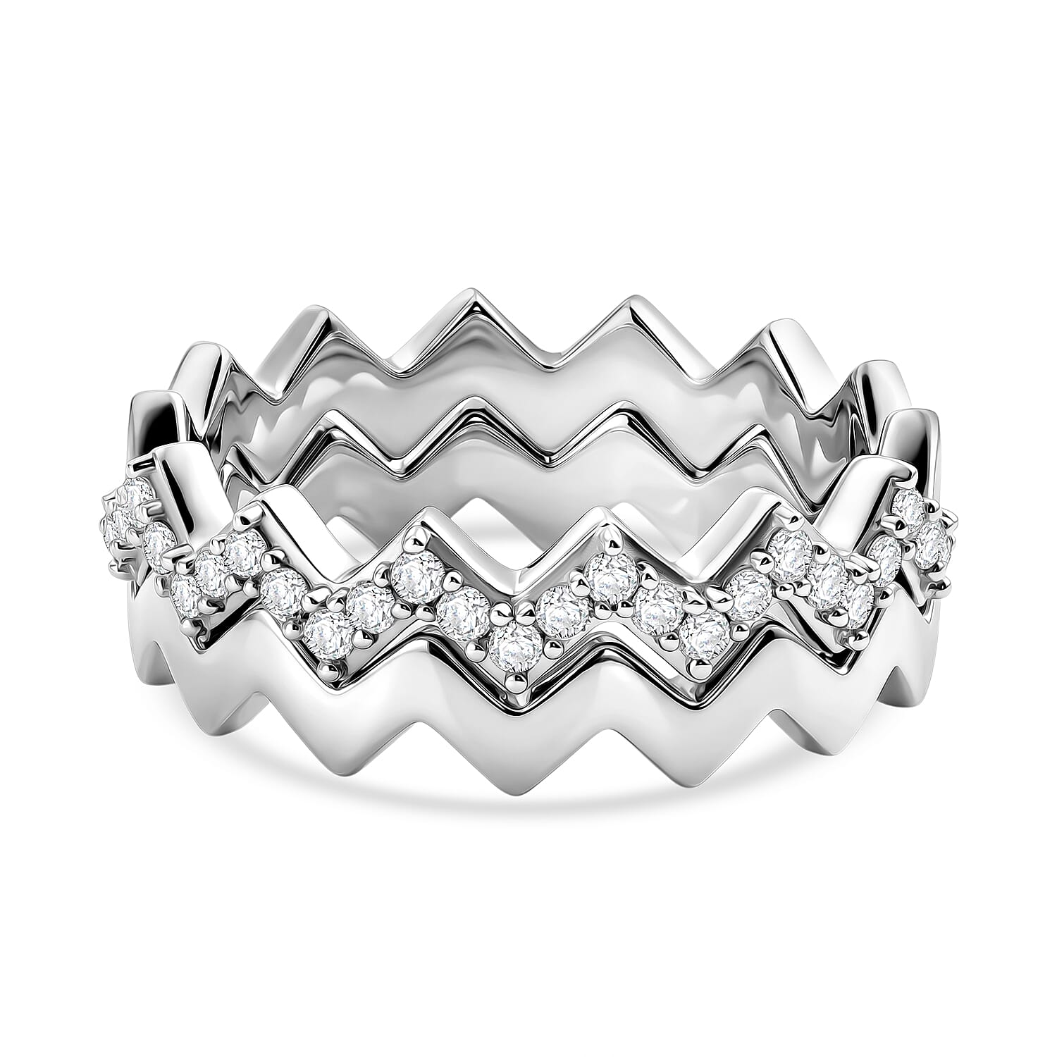 Set of 2 - Royal Bali Collection - D'Joy Moissanite Wave Ring in Rhodium Overlay Sterling Silver
