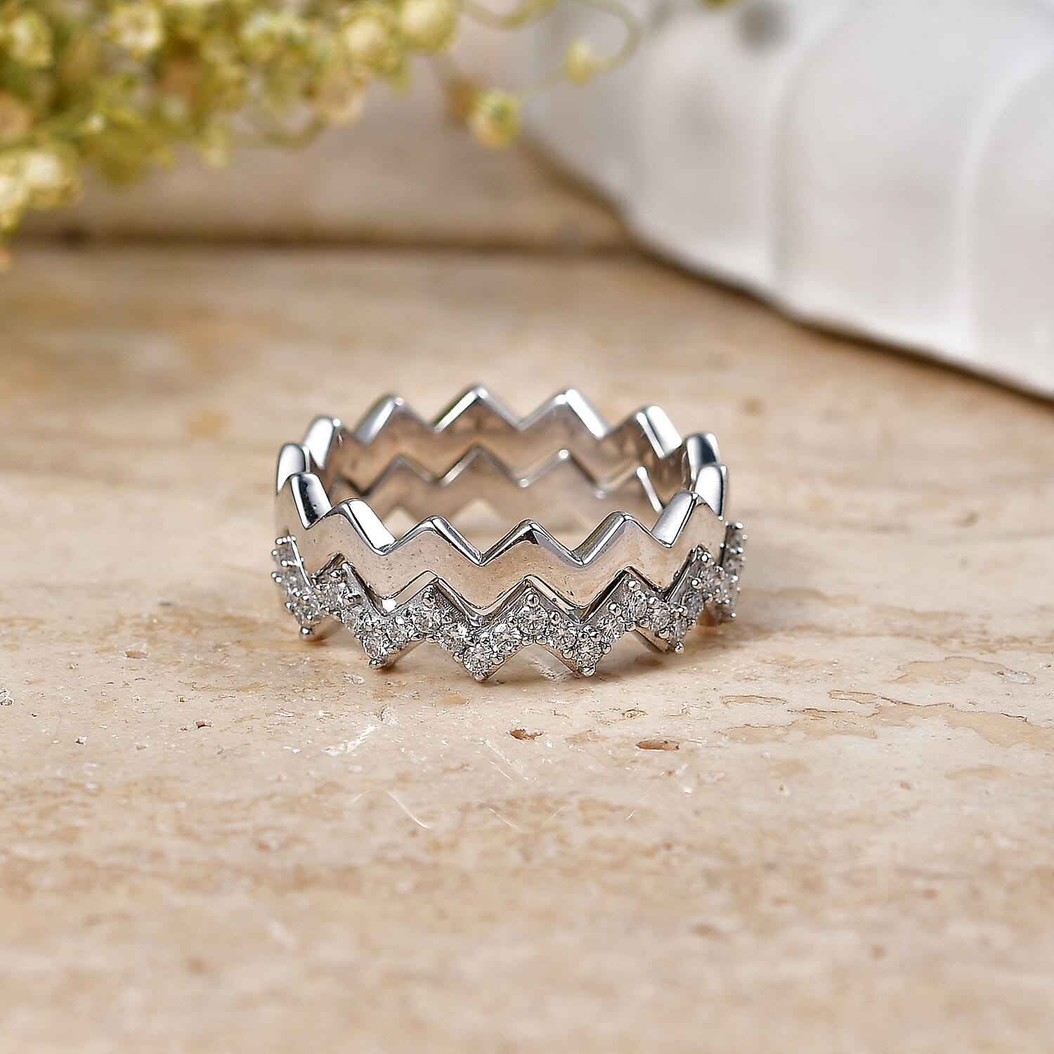 Set of 2 - Royal Bali Collection - D'Joy Moissanite Wave Ring in Rhodium Overlay Sterling Silver