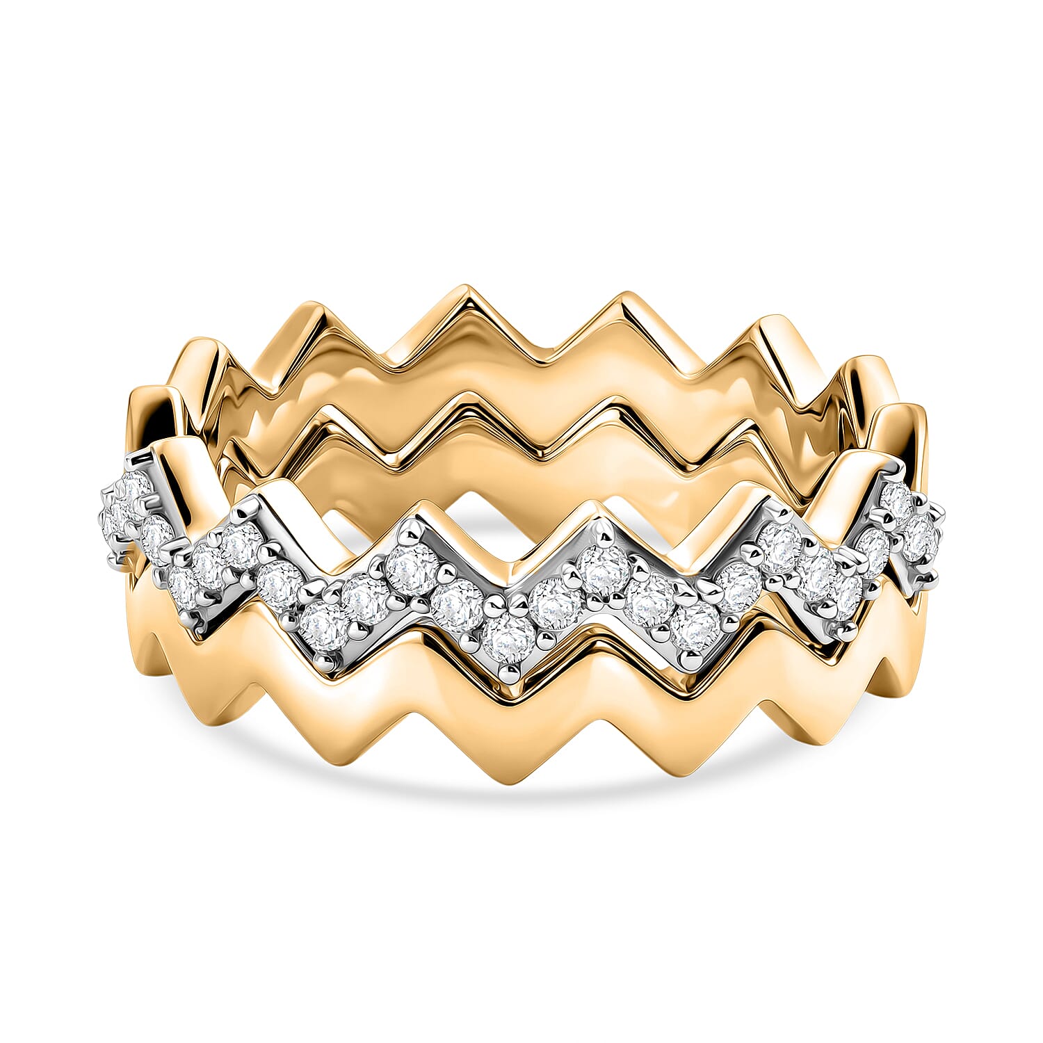 Set of 2 - Royal Bali Collection - D'Joy Moissanite Wave Ring in 18K Vermeil Yellow Gold Plated Sterling Silver