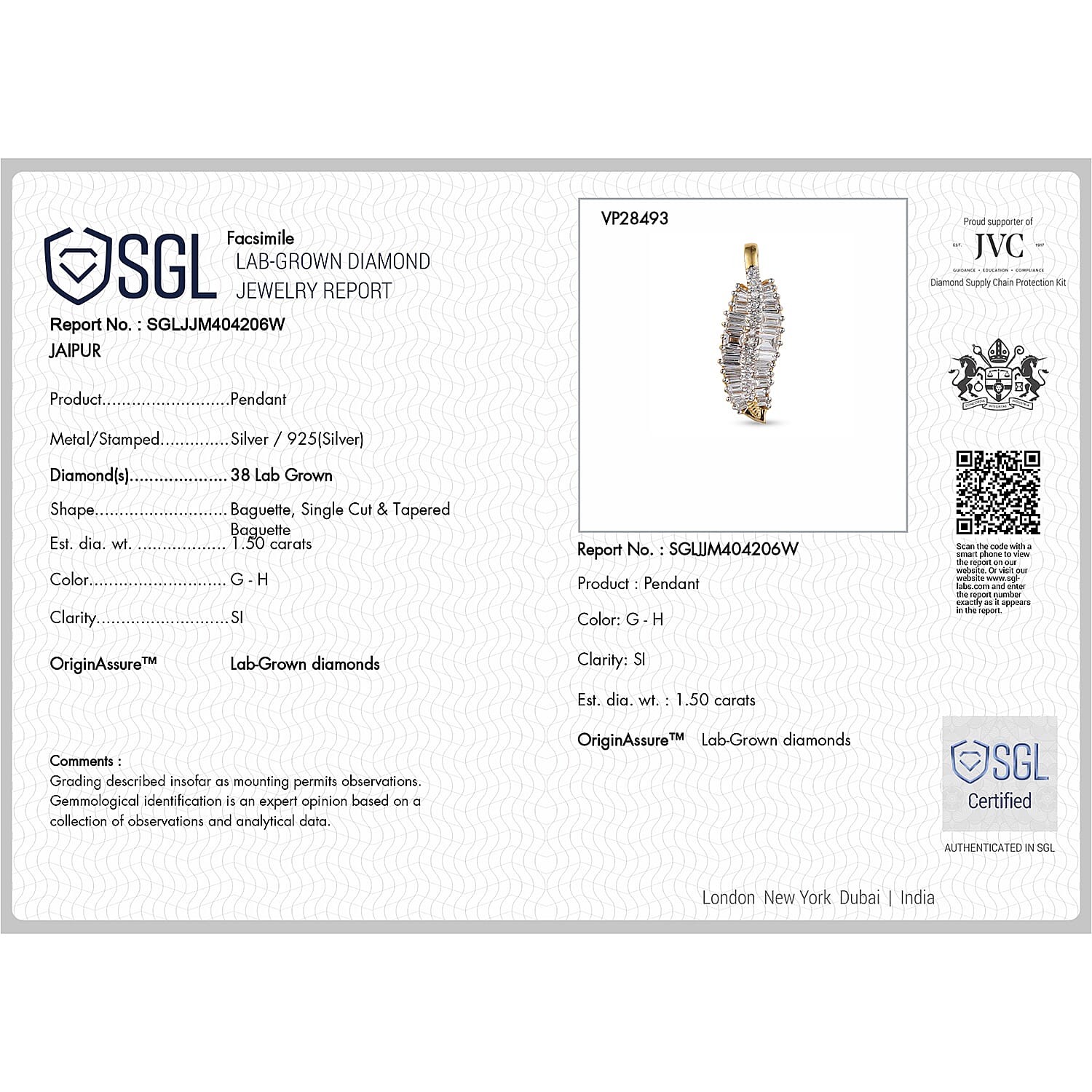Rachel Galley - SGL Certified Lab Grown Diamond (SI-G-H) Pendant with Chain (Size 20) in 18K Vermeil Yellow Gold Plated Sterling Silver 1.50 Ct.