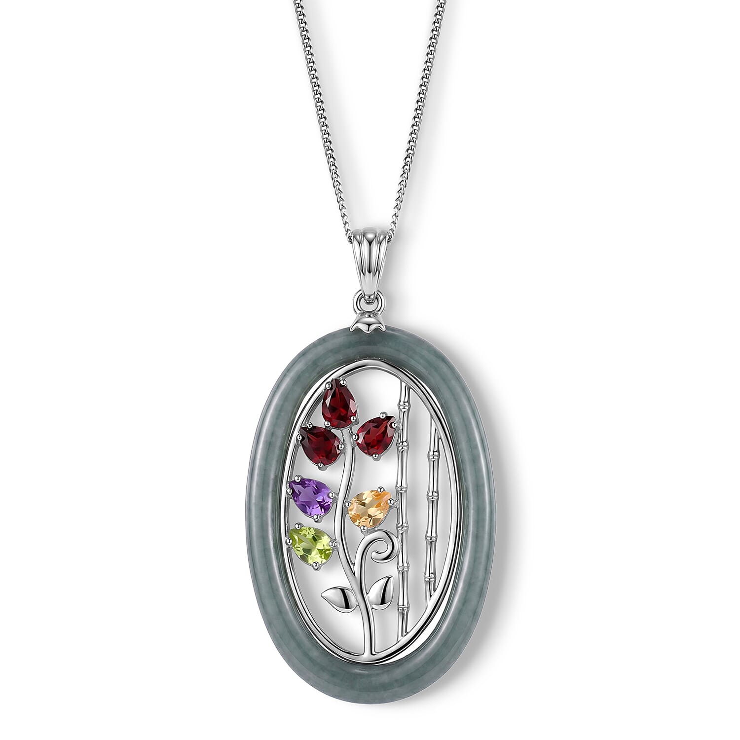 African Amethyst & Multi-Gemstone Floral Vine Pendant with Chain (Size 18) in Rhodium Overlay Sterling Silver 10.88 Ct.