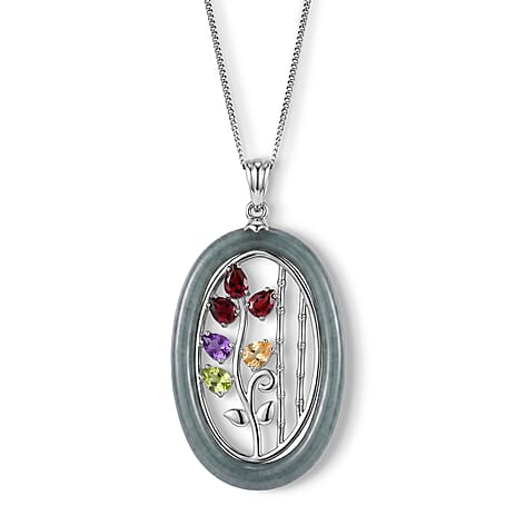 African Amethyst & Multi-Gemstone Floral Vine Pendant with Chain (Size 18) in Rhodium Overlay Sterling Silver 10.88 Ct.