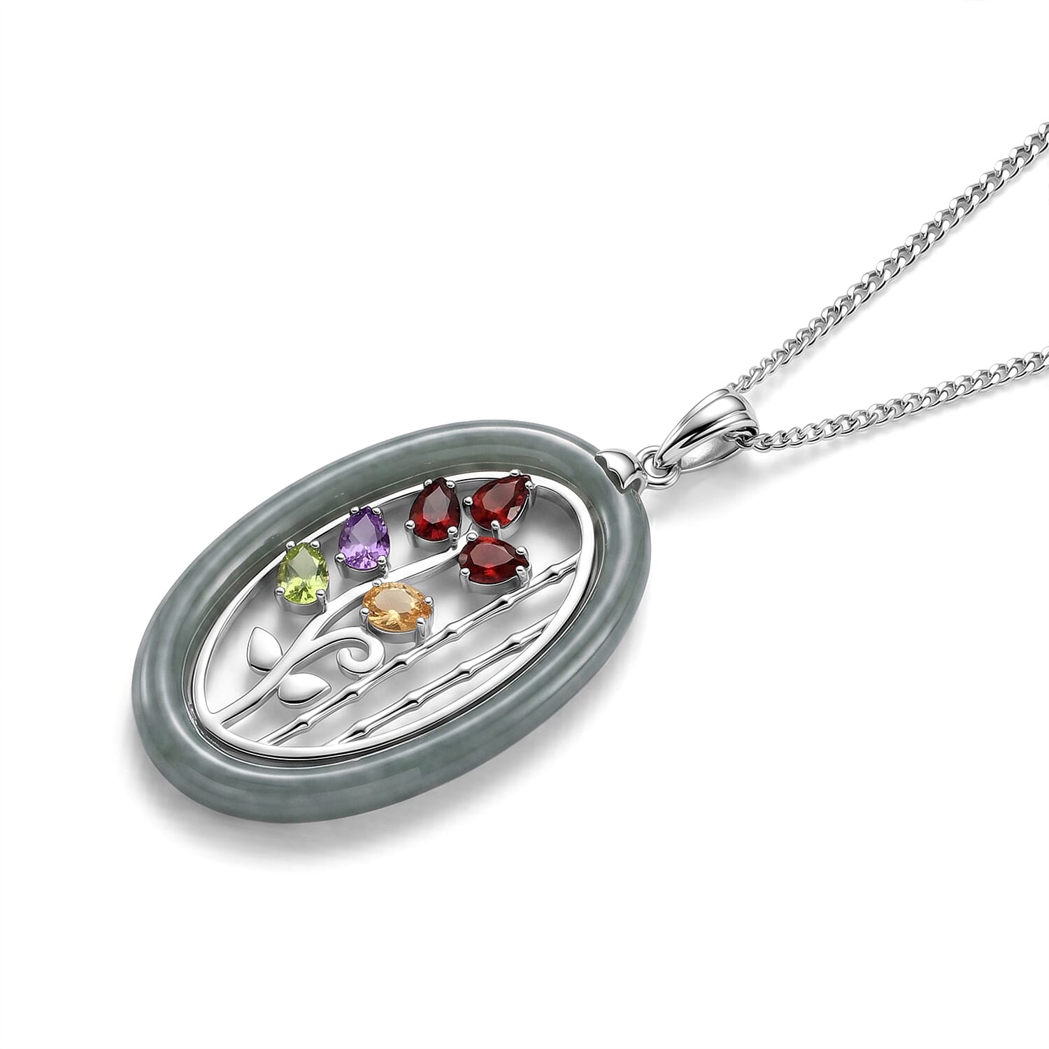 African Amethyst & Multi-Gemstone Floral Vine Pendant with Chain (Size 18) in Rhodium Overlay Sterling Silver 10.88 Ct.