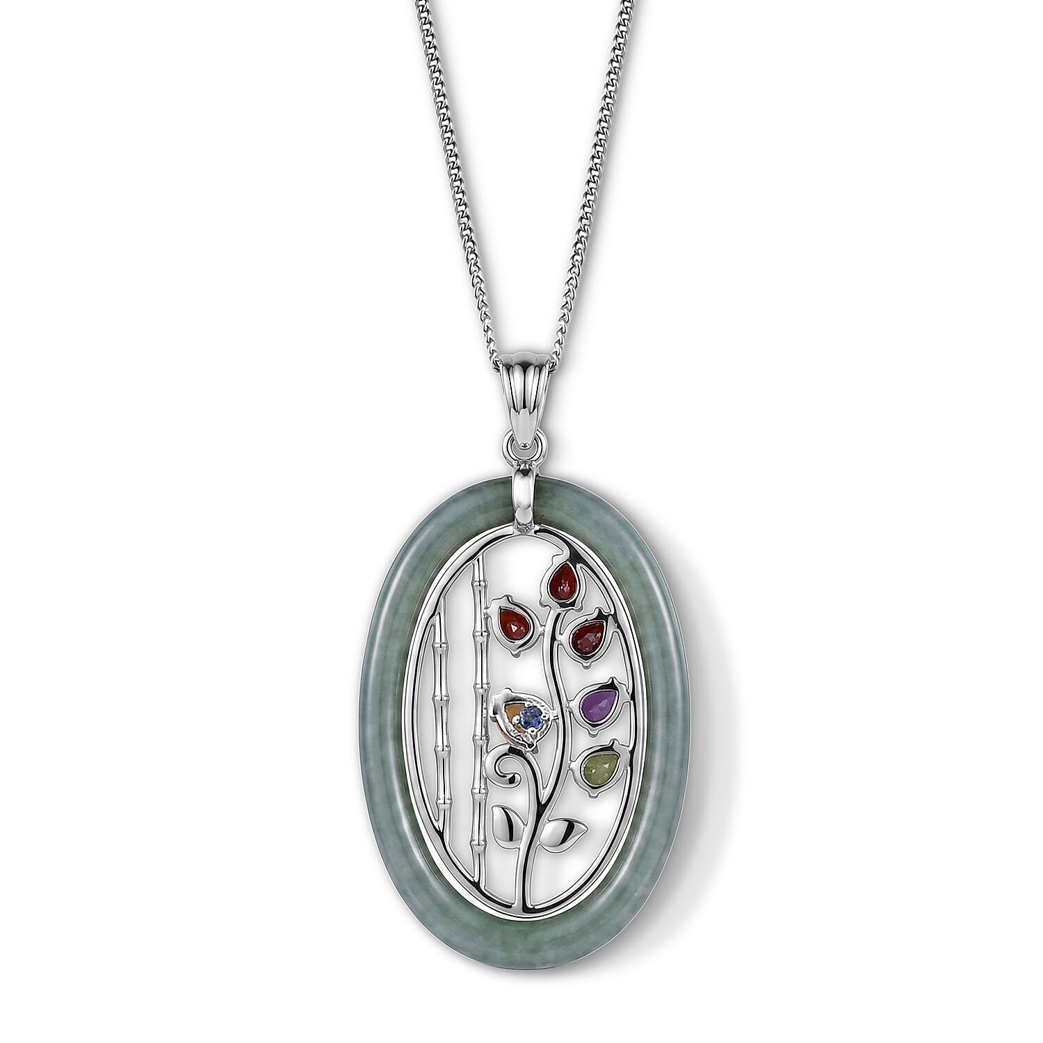 African Amethyst & Multi-Gemstone Floral Vine Pendant with Chain (Size 18) in Rhodium Overlay Sterling Silver 10.88 Ct.