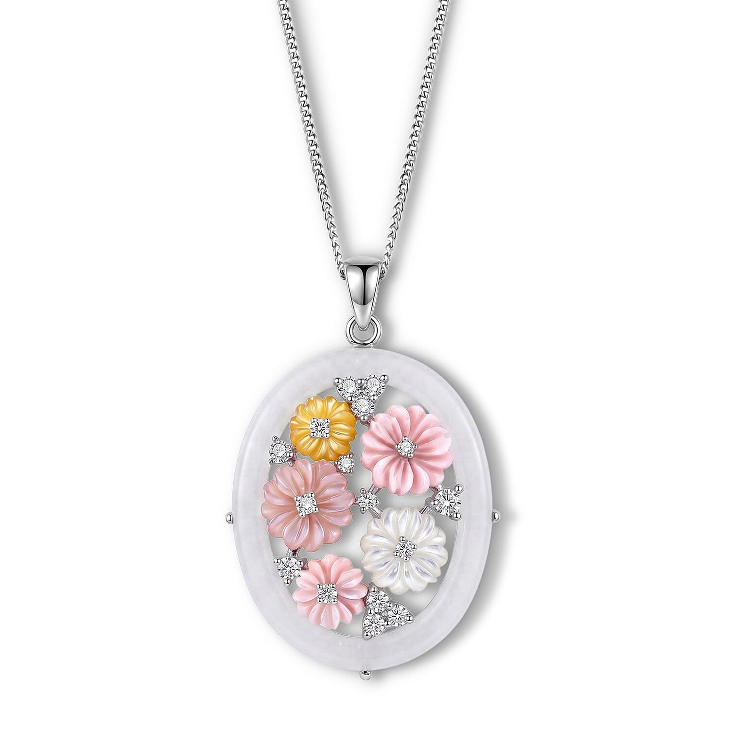 White Jade,  Pink Mother Of Pearl,  White Mother Of Pearl,  Purple Mother of Pearl,  Yellow Mother Of Pearl,  White Zircon,  Blue Sapphire Pendant with Chain (Size 18) in Rhodium Overlay Sterling Silv