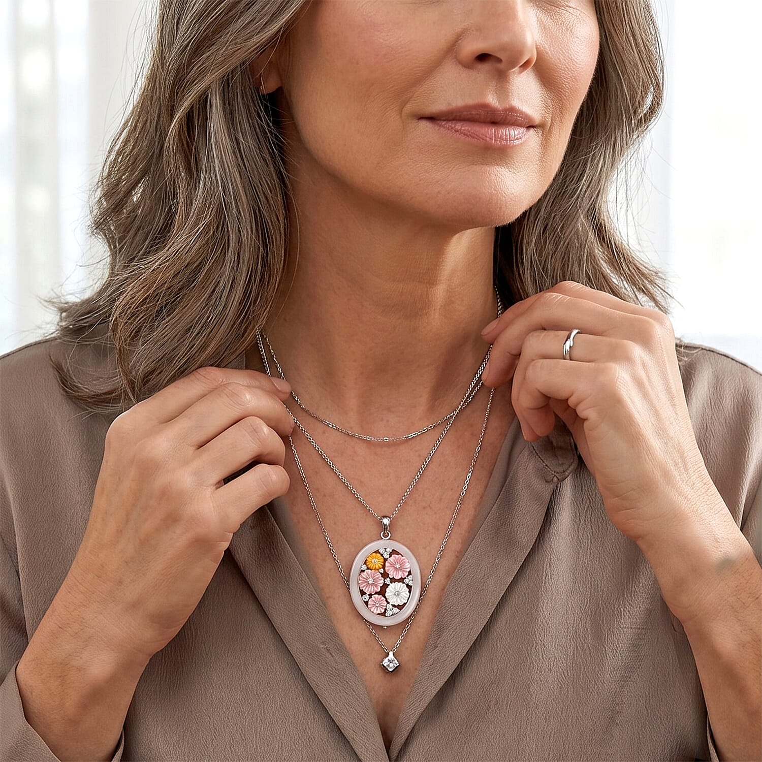 White Jade,  Pink Mother Of Pearl,  White Mother Of Pearl,  Purple Mother of Pearl,  Yellow Mother Of Pearl,  White Zircon,  Blue Sapphire Pendant with Chain (Size 18) in Rhodium Overlay Sterling Silv