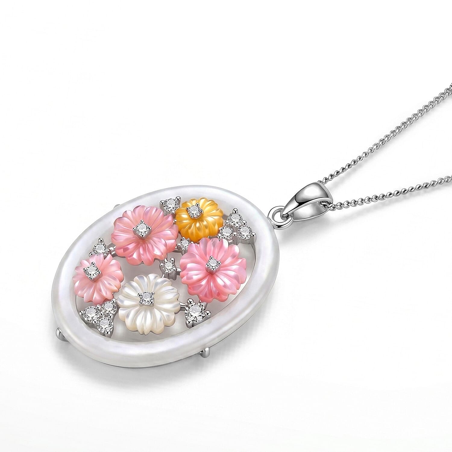 White Jade,  Pink Mother Of Pearl,  White Mother Of Pearl,  Purple Mother of Pearl,  Yellow Mother Of Pearl,  White Zircon,  Blue Sapphire Pendant with Chain (Size 18) in Rhodium Overlay Sterling Silv