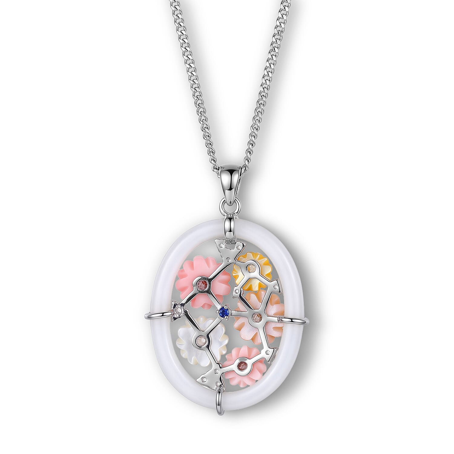 White Jade,  Pink Mother Of Pearl,  White Mother Of Pearl,  Purple Mother of Pearl,  Yellow Mother Of Pearl,  White Zircon,  Blue Sapphire Pendant with Chain (Size 18) in Rhodium Overlay Sterling Silv