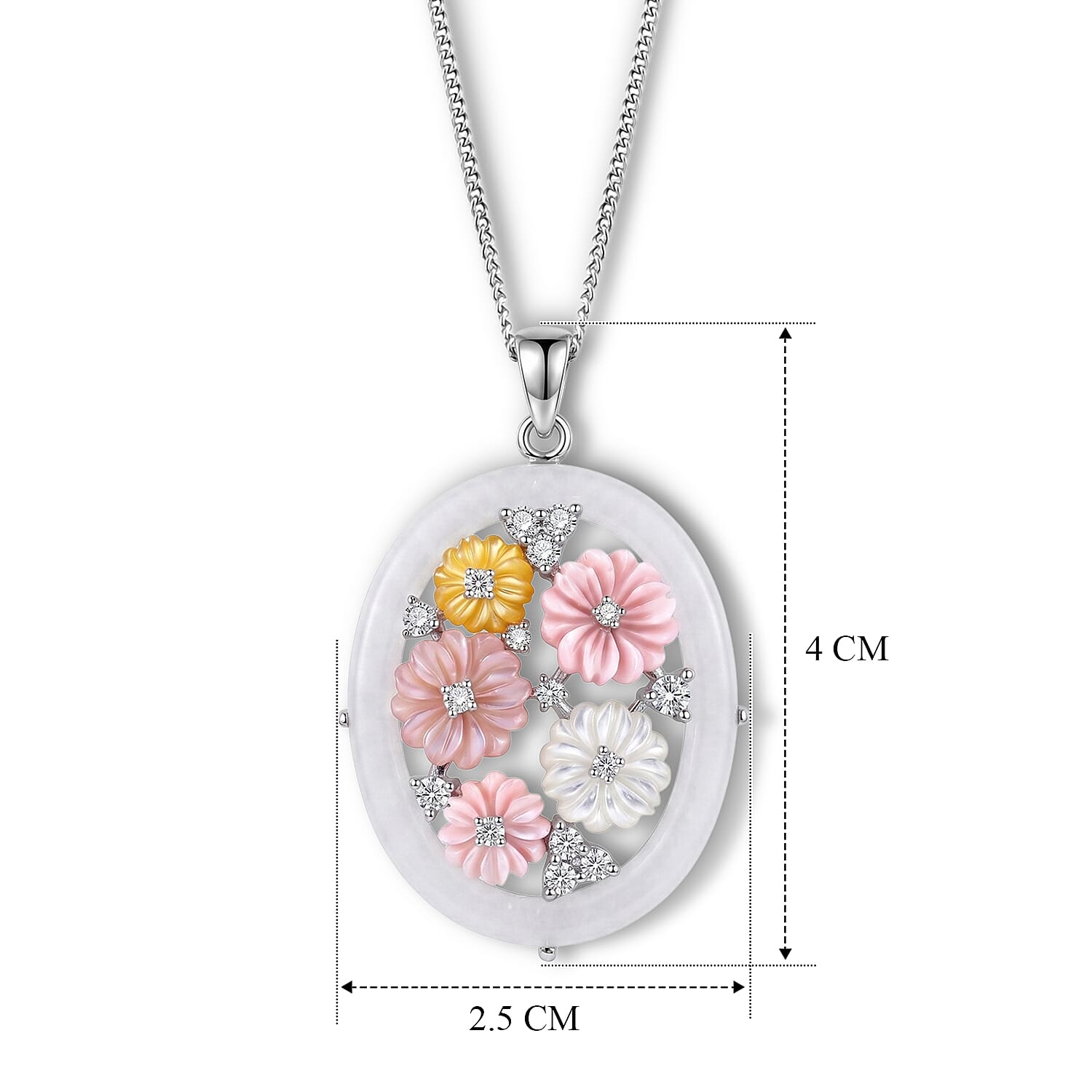 White Jade,  Pink Mother Of Pearl,  White Mother Of Pearl,  Purple Mother of Pearl,  Yellow Mother Of Pearl,  White Zircon,  Blue Sapphire Pendant with Chain (Size 18) in Rhodium Overlay Sterling Silv