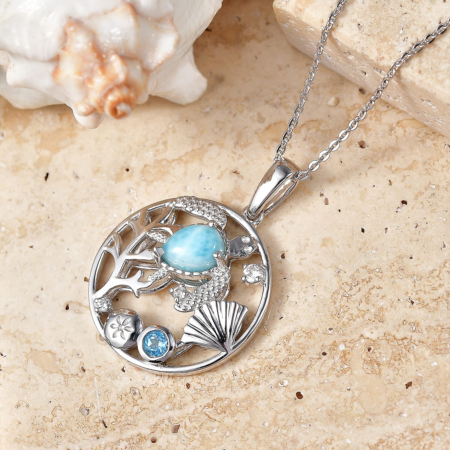 D'Joy - Larimar, Skyblue Topaz & White Zircon Pendant with Chain (Size 20) in Platinum Overlay Sterling Silver 1.10 Ct.
