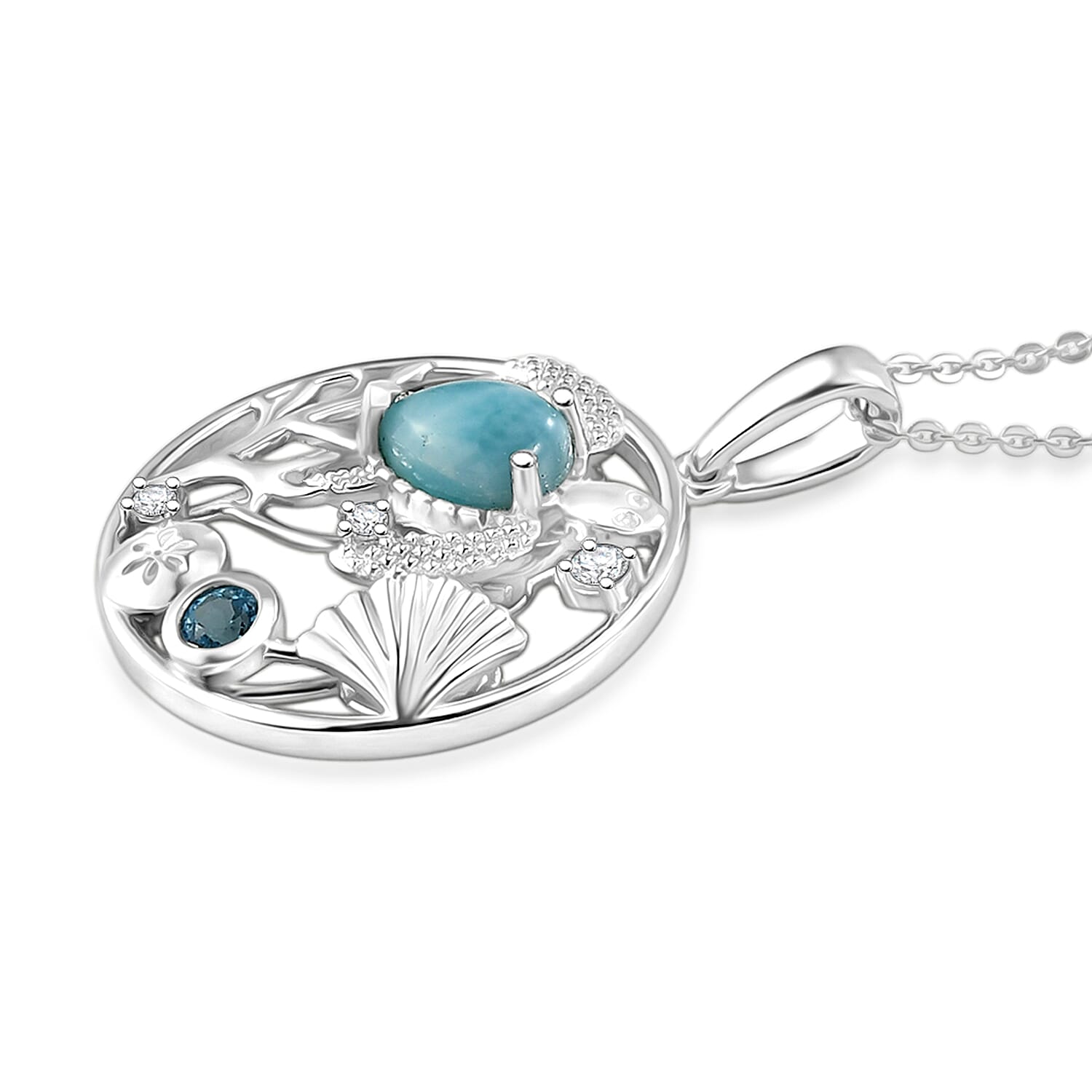 D'Joy - Larimar, Skyblue Topaz & White Zircon Pendant with Chain (Size 20) in Platinum Overlay Sterling Silver 1.10 Ct.