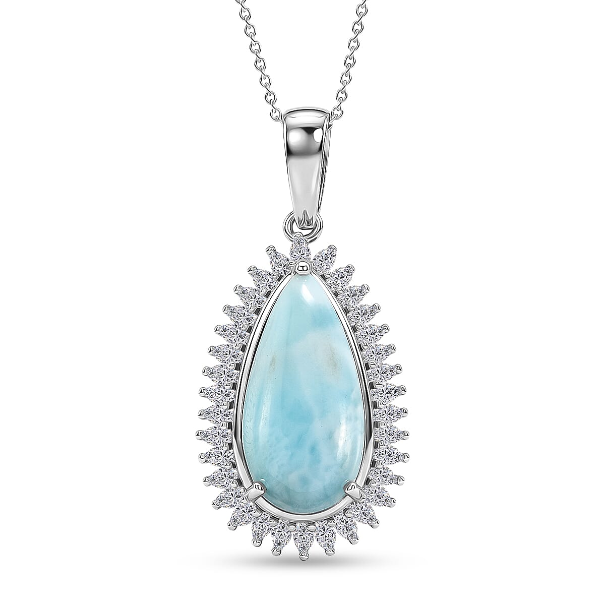 D'Joy - Larimar & Moissanite Pear Cut Halo Pendant with Chain (Size 20) in Rhodium Overlay Sterling Silver 11.40 Ct.