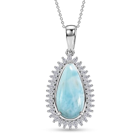 D'Joy - Larimar & Moissanite Pear Cut Halo Pendant with Chain (Size 20) in Rhodium Overlay Sterling Silver 11.40 Ct.