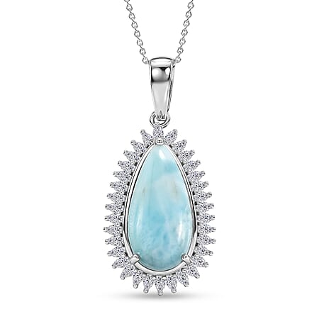D'Joy - Natural Larimar & Moissanite Halo Pendant with Chain (Size 20) in Rhodium Overlay Sterling Silver 11.40 Ct. D'Joy - Natural Larimar & Moissanite Halo Pendant with Chain (Size 20) in Rhodium Overlay Sterling Silver 11.40 Ct.