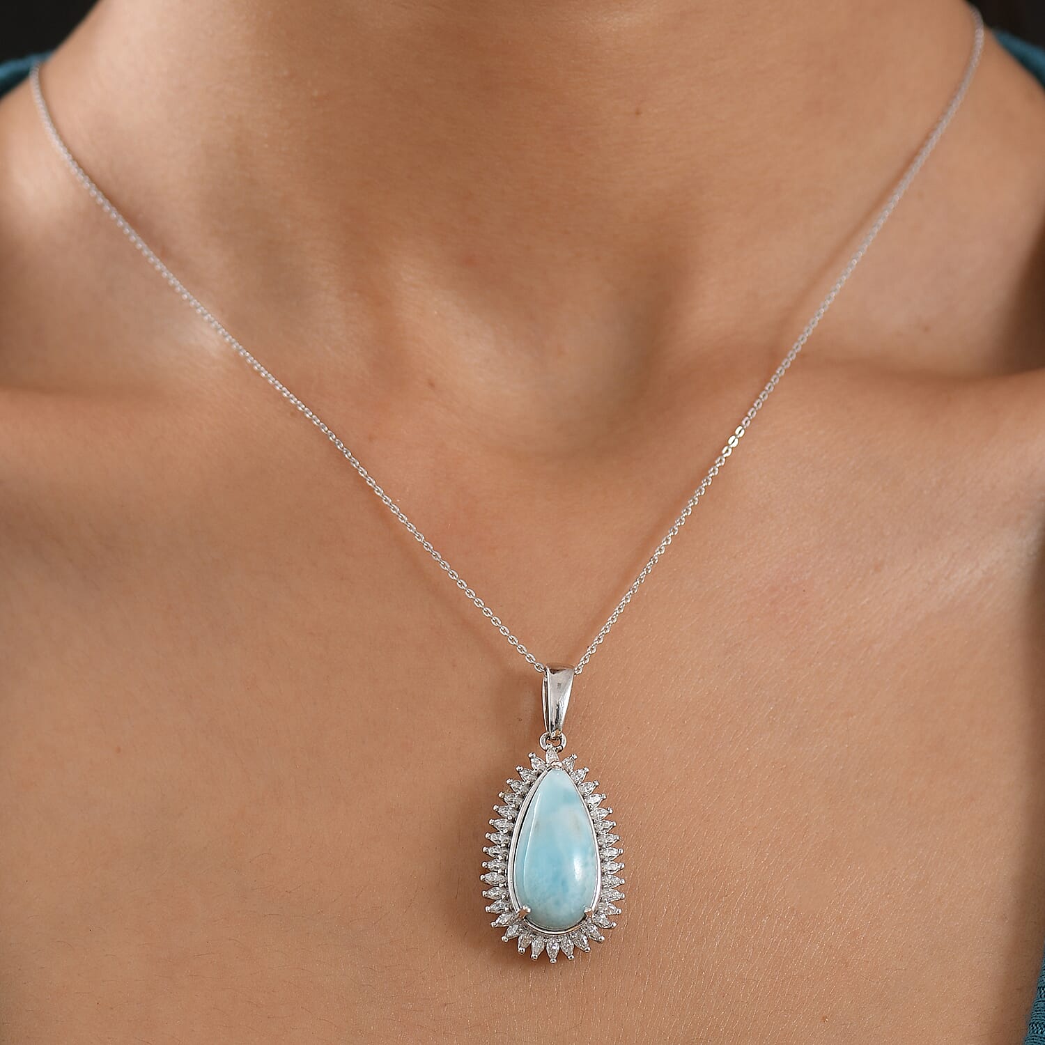 D'Joy - Larimar & Moissanite Pear Cut Halo Pendant with Chain (Size 20) in Rhodium Overlay Sterling Silver 11.40 Ct.