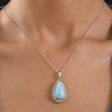 D'Joy - Natural Larimar & Moissanite Halo Pendant with Chain (Size 20) in Rhodium Overlay Sterling Silver 11.40 Ct.