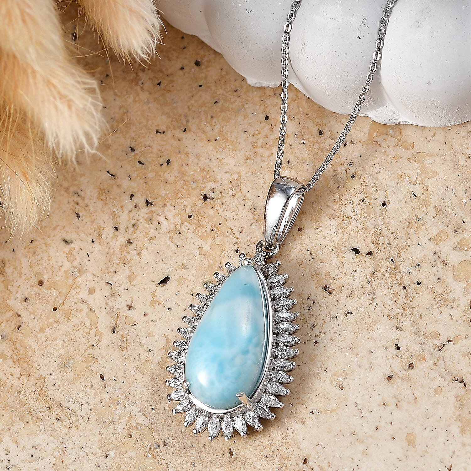 D'Joy - Larimar & Moissanite Pear Cut Halo Pendant with Chain (Size 20) in Rhodium Overlay Sterling Silver 11.40 Ct.