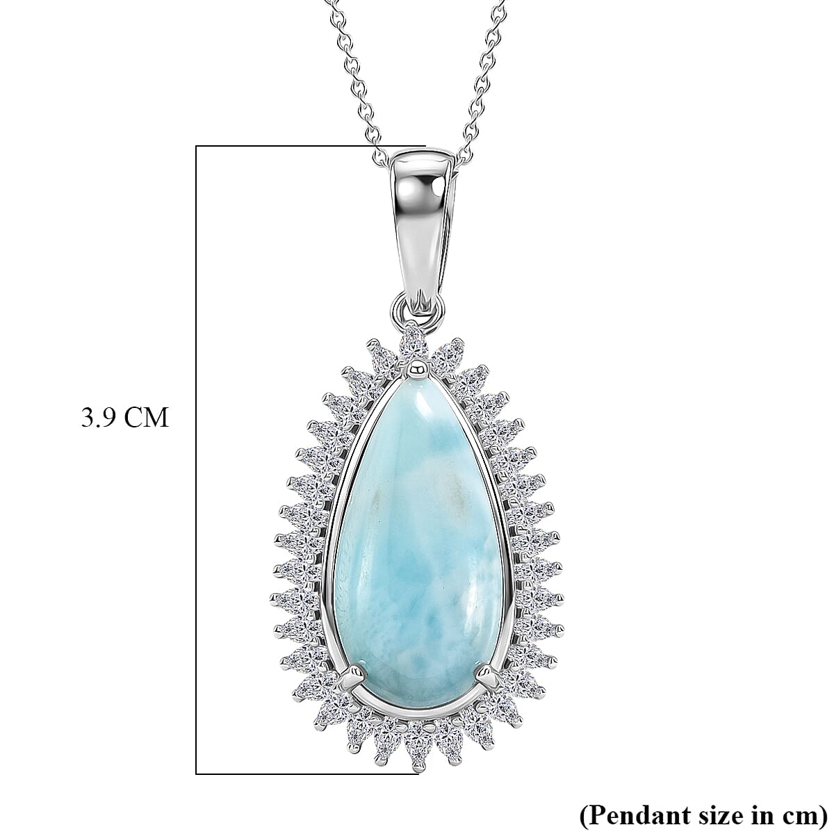 D'Joy - Larimar & Moissanite Pear Cut Halo Pendant with Chain (Size 20) in Rhodium Overlay Sterling Silver 11.40 Ct.