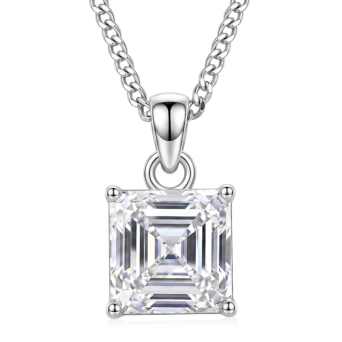 GRA Certified Moissanite Solitaire Pendant with Chain (Size 18) in Rhodium Overlay Sterling Silver 2.00 Ct.