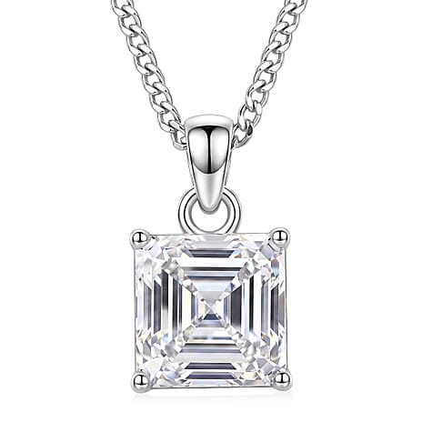 GRA Certified Moissanite Solitaire Pendant with Chain (Size 18) in Rhodium Overlay Sterling Silver 2.00 Ct.