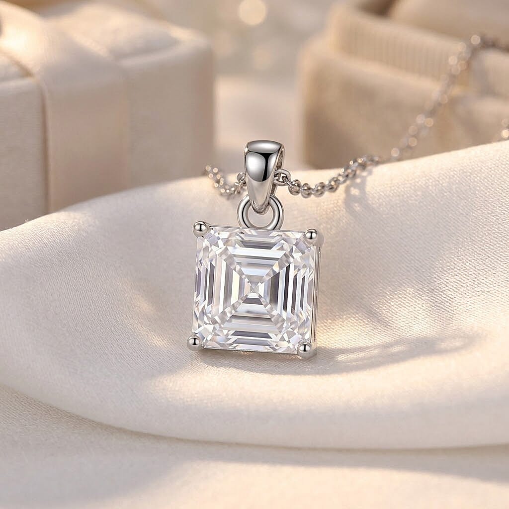 GRA Certified Moissanite Solitaire Pendant with Chain (Size 18) in Rhodium Overlay Sterling Silver 2.00 Ct.
