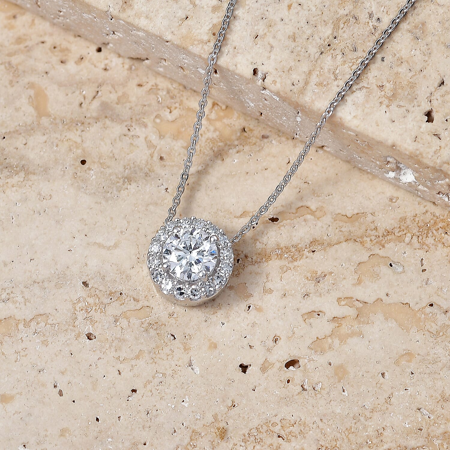 Luxuriant - Lab Grown Diamond (SI-G-H) Halo Pendant with Chain (Size 20) in Rhodium Overlay Sterling Silver 1.26 Ct.
