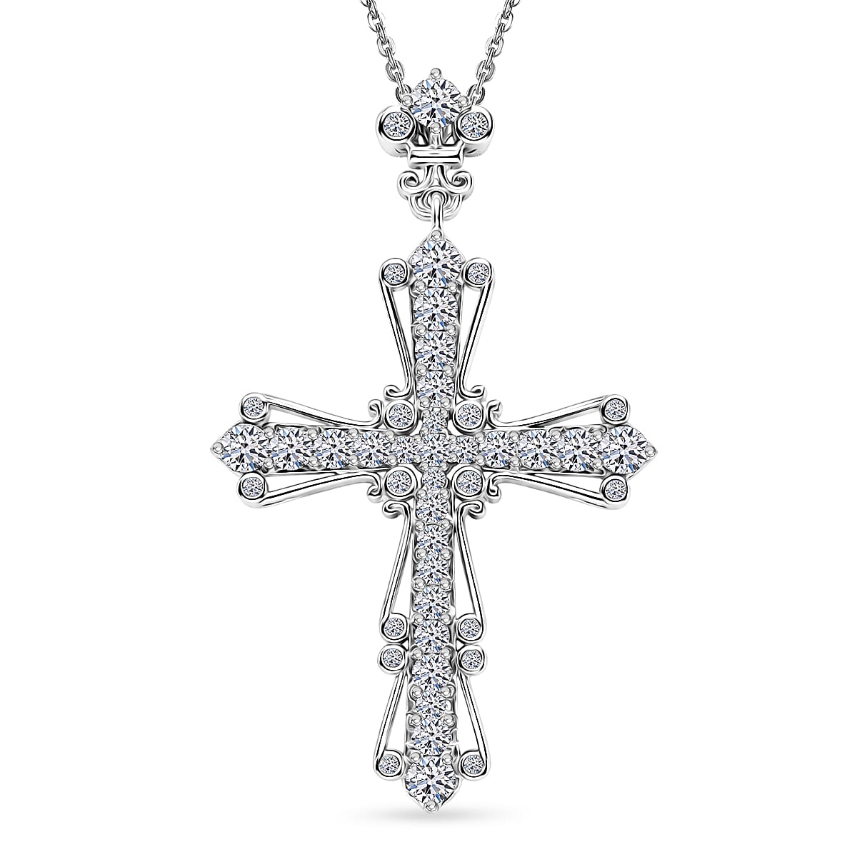 Luxuriant - Lab Grown Diamond (SI-G-H) Cross Pendant with Chain (Size 20) in Rhodium Overlay Sterling Silver 1.00 Ct.