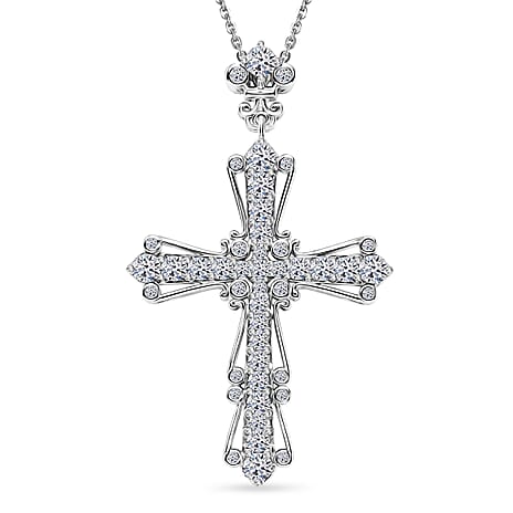 Luxuriant - Lab Grown Diamond (SI-G-H) Cross Pendant with Chain (Size 20) in Rhodium Overlay Sterling Silver 1.00 Ct.
