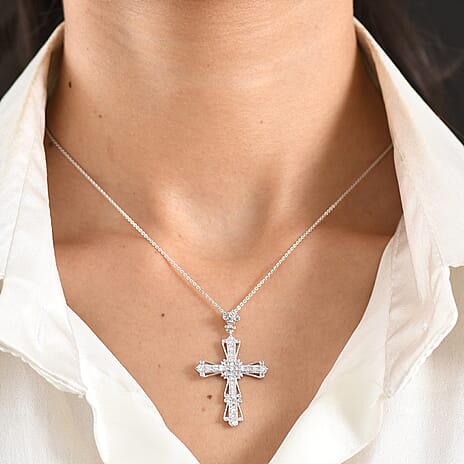 Luxuriant - Lab Grown Diamond (SI-G-H) Cross Pendant with Chain (Size 20) in Rhodium Overlay Sterling Silver 1.00 Ct.