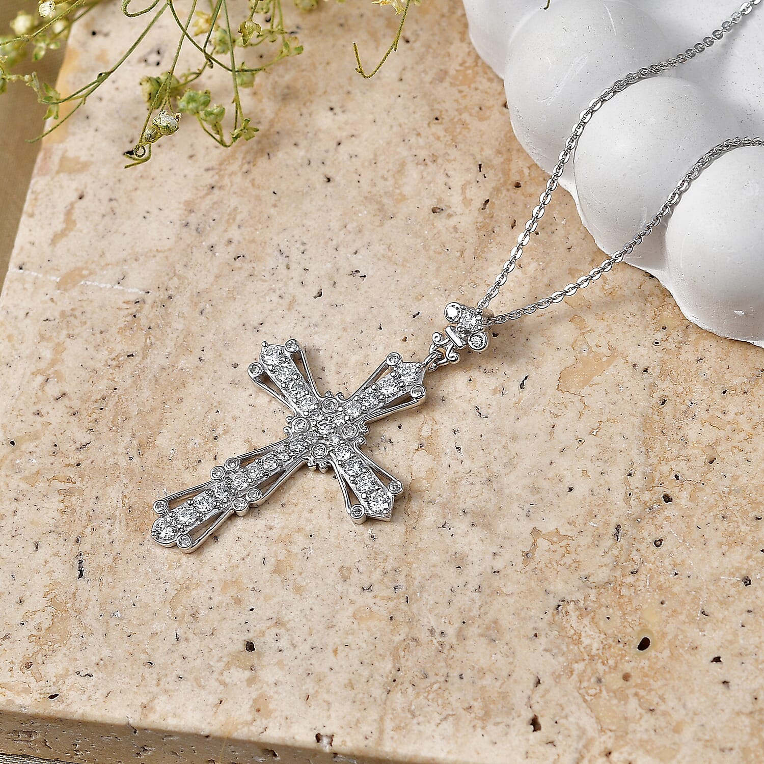 Luxuriant - Lab Grown Diamond (SI-G-H) Cross Pendant with Chain (Size 20) in Rhodium Overlay Sterling Silver 1.00 Ct.