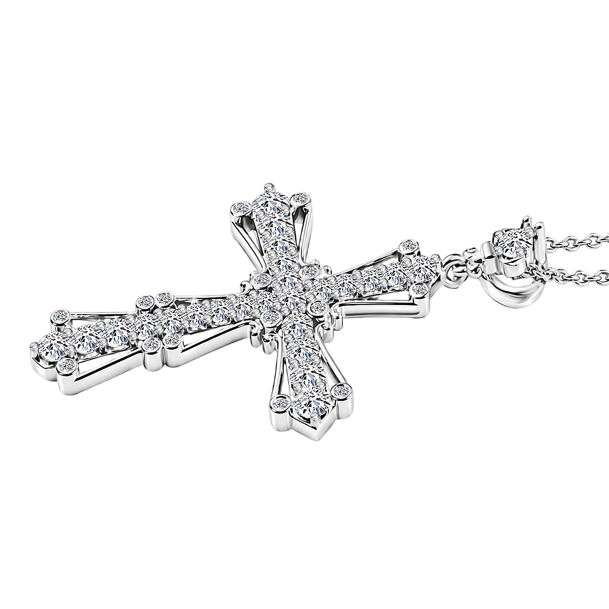 Luxuriant - Lab Grown Diamond (SI-G-H) Cross Pendant with Chain (Size 20) in Rhodium Overlay Sterling Silver 1.00 Ct.