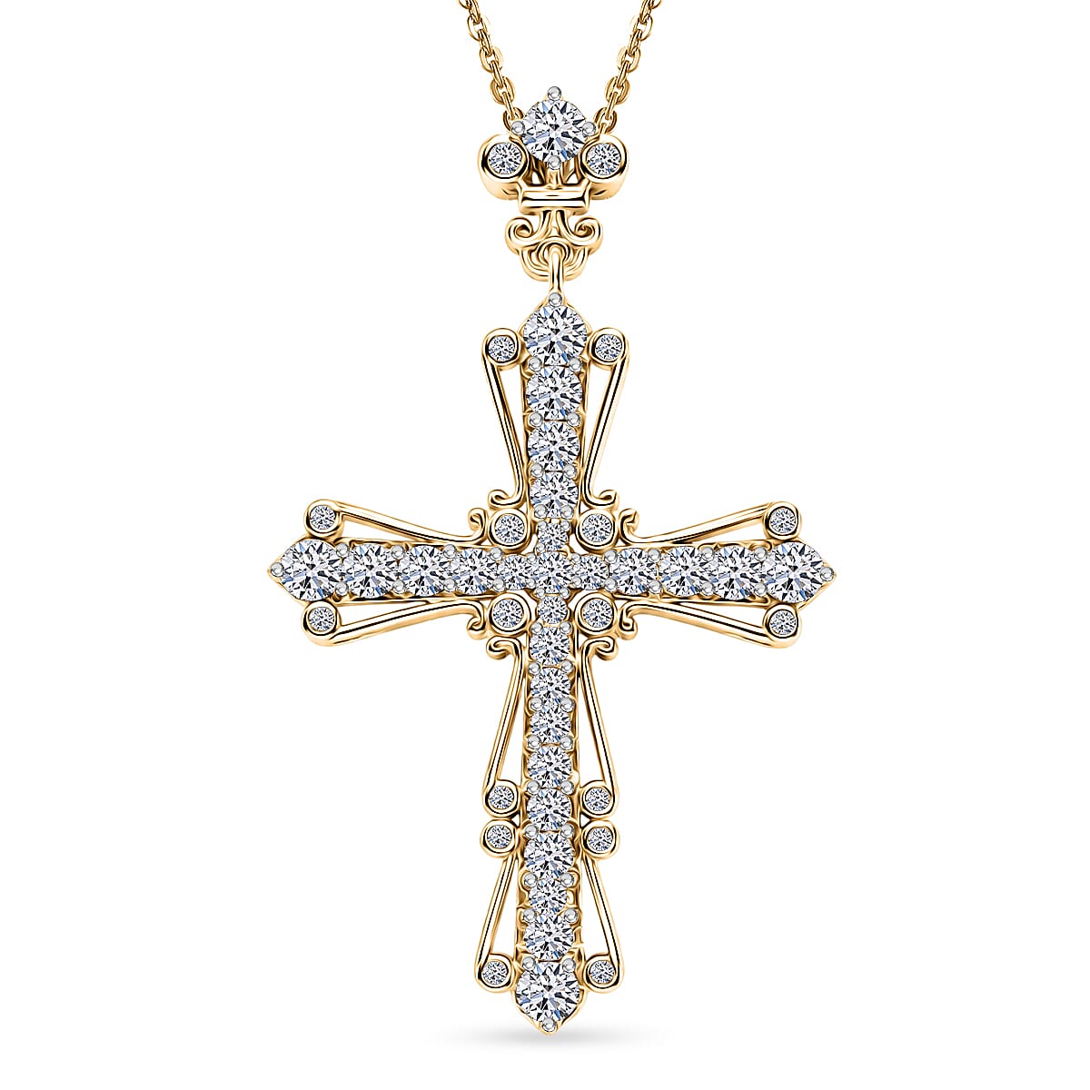 Luxuriant - Lab Grown Diamond (SI-G-H) Cross Pendant with Chain (Size 20) in 18K Vermeil Yellow Gold Plated Sterling Silver 1.00 Ct.
