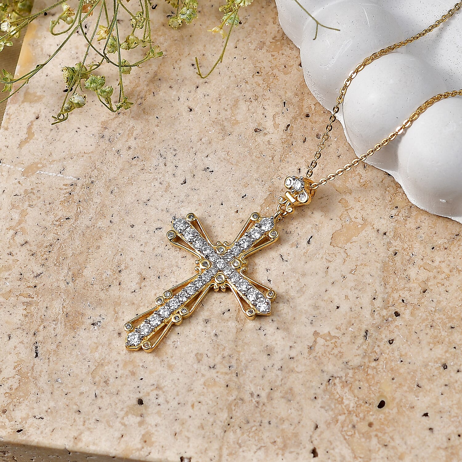 Luxuriant - Lab Grown Diamond (SI-G-H) Cross Pendant with Chain (Size 20) in 18K Vermeil Yellow Gold Plated Sterling Silver 1.00 Ct.