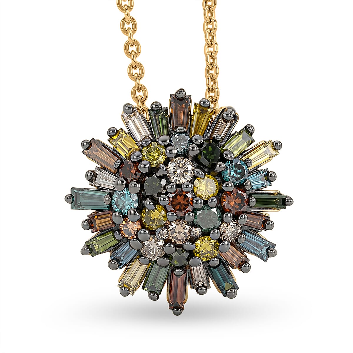 GP - Multi Diamond & Blue Sapphire Pendant with Chain (Size 20) in 18K Vermeil Yellow Gold Plated Sterling Silver 1.10 Ct.