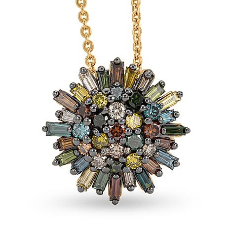 GP - Multi Diamond & Blue Sapphire Pendant with Chain (Size 20) in 18K Vermeil Yellow Gold Plated Sterling Silver 1.10 Ct.