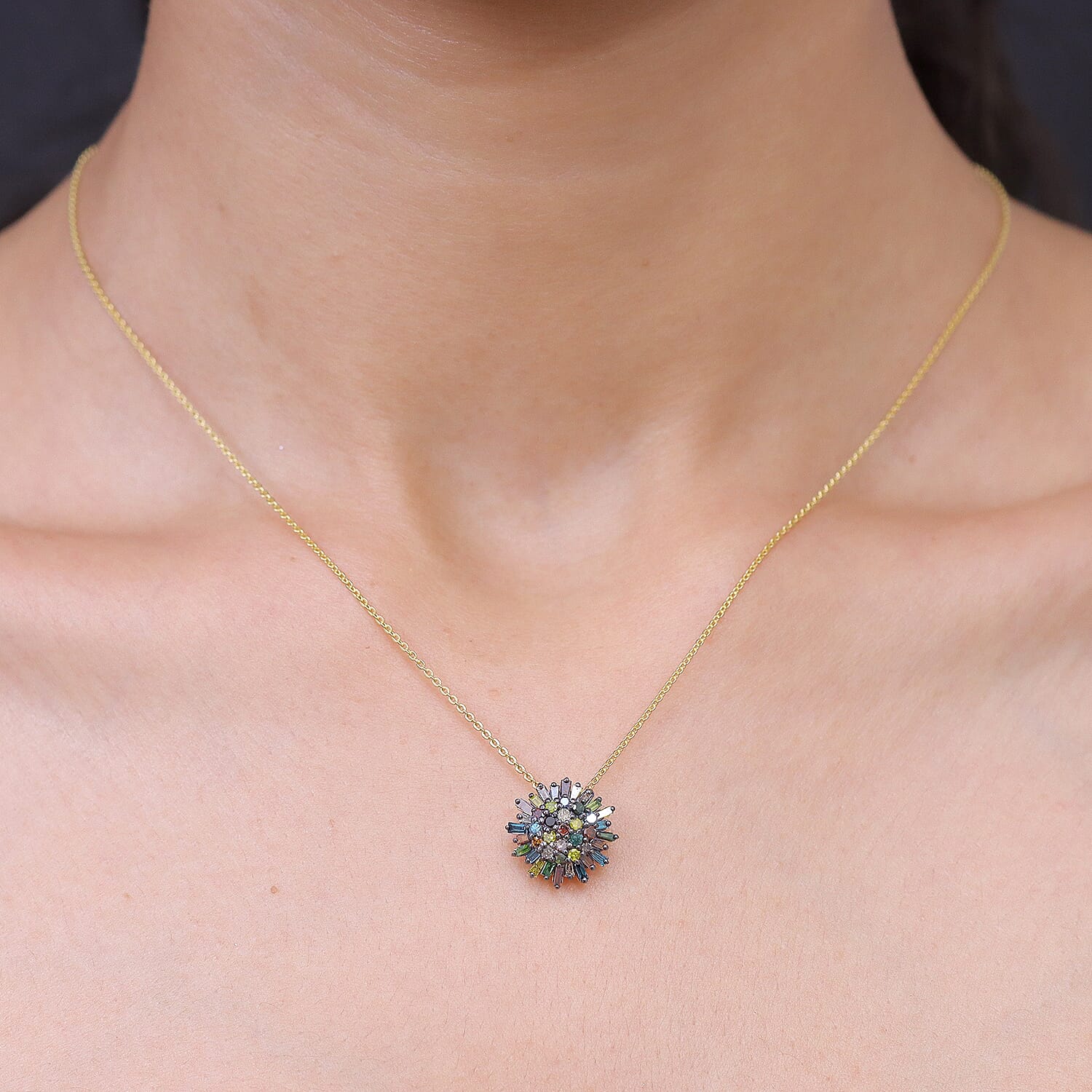 GP - Multi Diamond & Blue Sapphire Pendant with Chain (Size 20) in 18K Vermeil Yellow Gold Plated Sterling Silver 1.10 Ct.