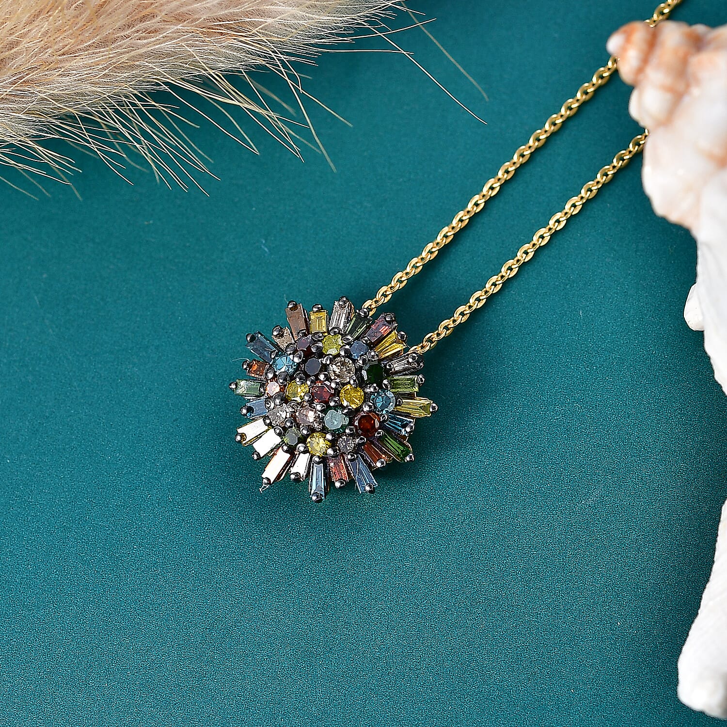 GP - Multi Diamond & Blue Sapphire Pendant with Chain (Size 20) in 18K Vermeil Yellow Gold Plated Sterling Silver 1.10 Ct.