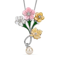 Jardin Collection - Pink Mother Of Pearl & Multi Gemstone Floral Drop Pendant with Chain (Size 18) in Rhodium Overlay Sterling Silver