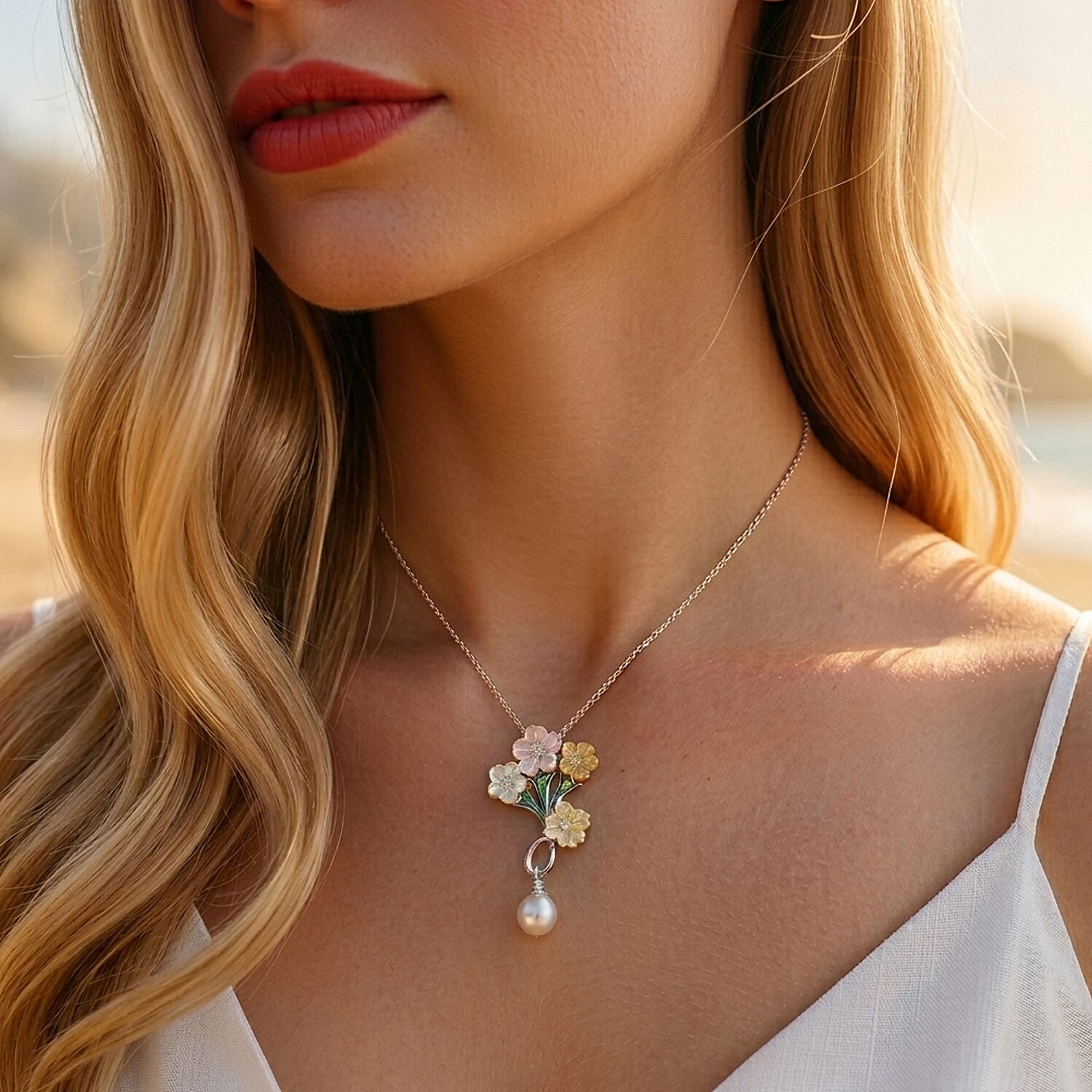 D'Joy Jardin Collection - Pink Mother Of Pearl & Multi Gemstone Floral Drop Pendant with Chain (Size 18) in Rhodium Overlay Sterling Silver